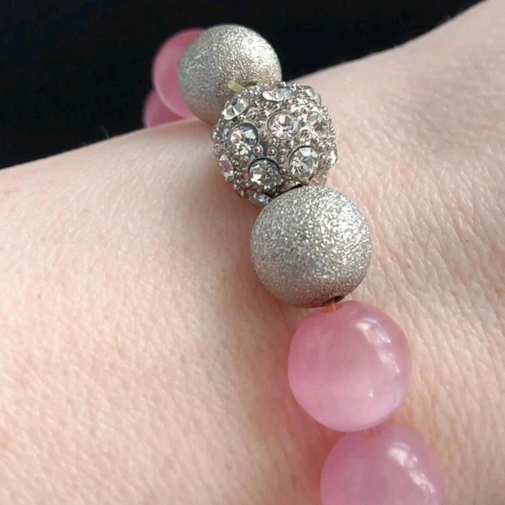 Pink Cats Eye And Silver-tone & Crystal Bead Stretch Bracelet,  6.25